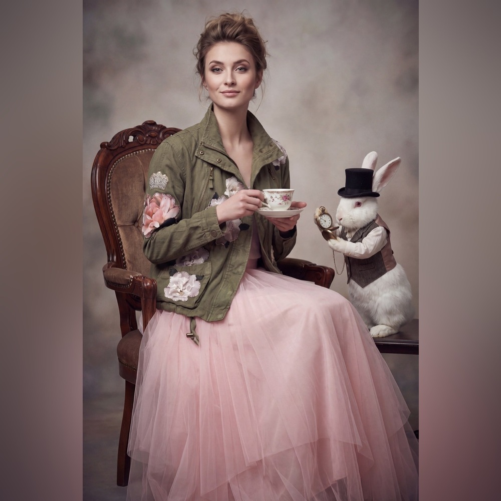 “Rabbits 🐇 and 👑 “ Floral Embellished Green Jacket